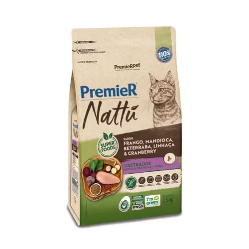 PREMIER NATTU GATOS CASTRADOS MANDIOCA 7,5KG